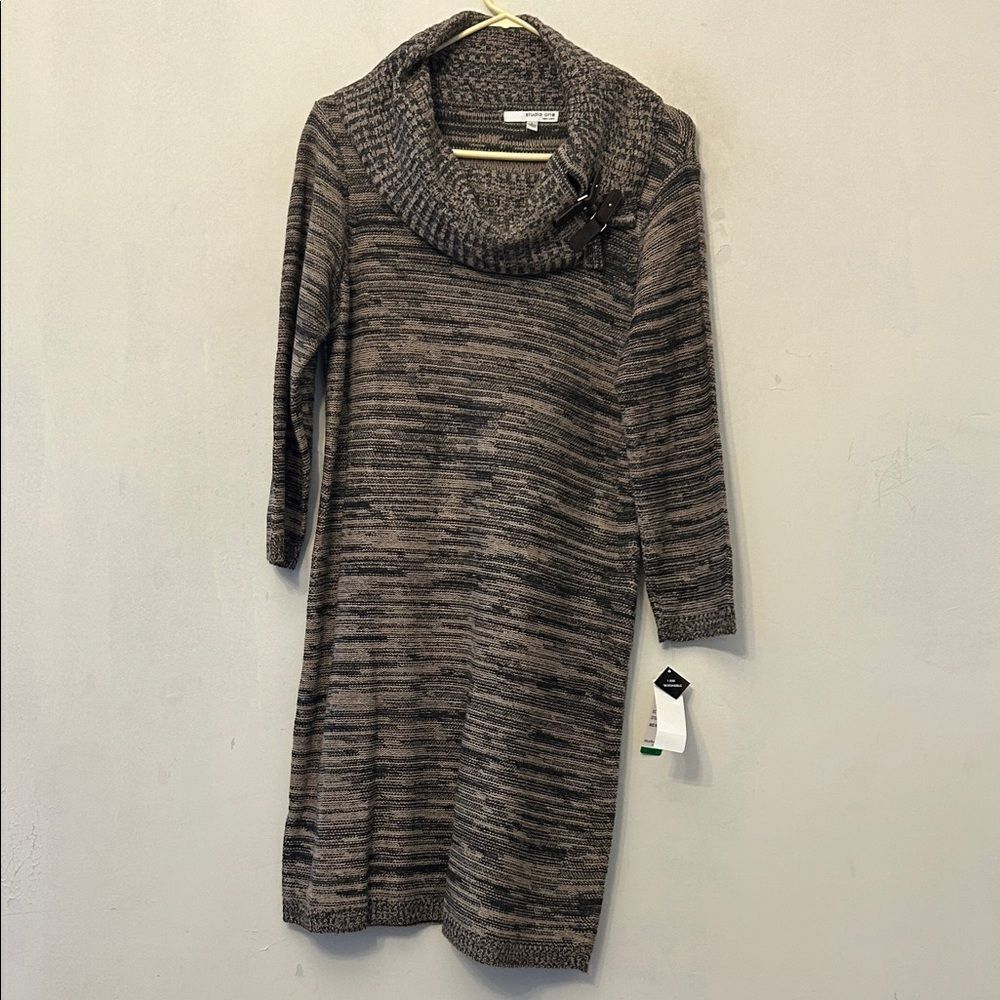Studio One brown black long sleeve turtleneck sweater dress Size L New